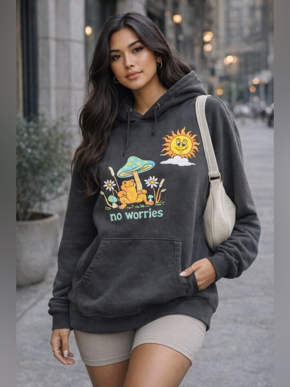 FANCLUB Graphic Hoodie "No Worries" Mushroom‎ Sun Daisy Black Size M